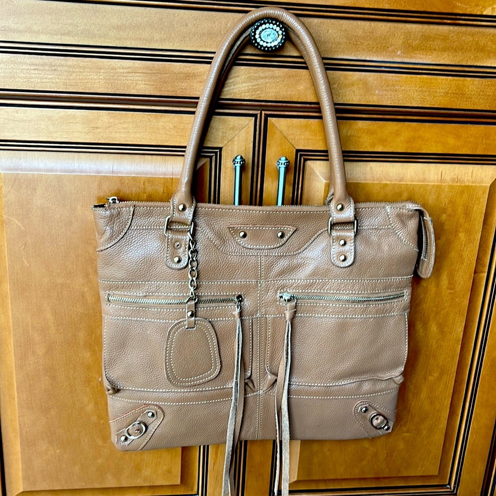 Tan Faux Leather Square Shape Satchel Shoulder Bag With Lots Of Compartments